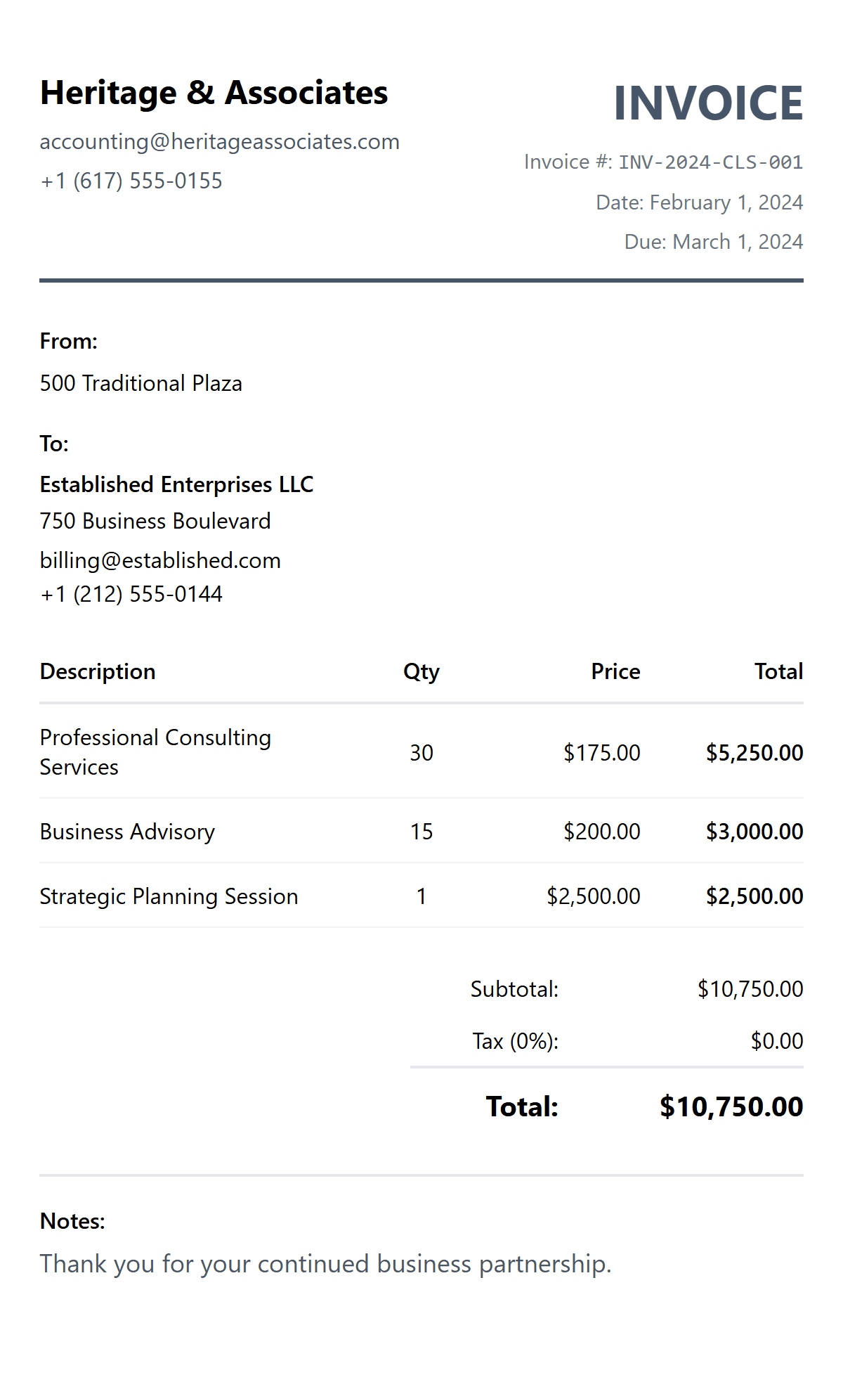 Free Classic Business Invoice Template preview