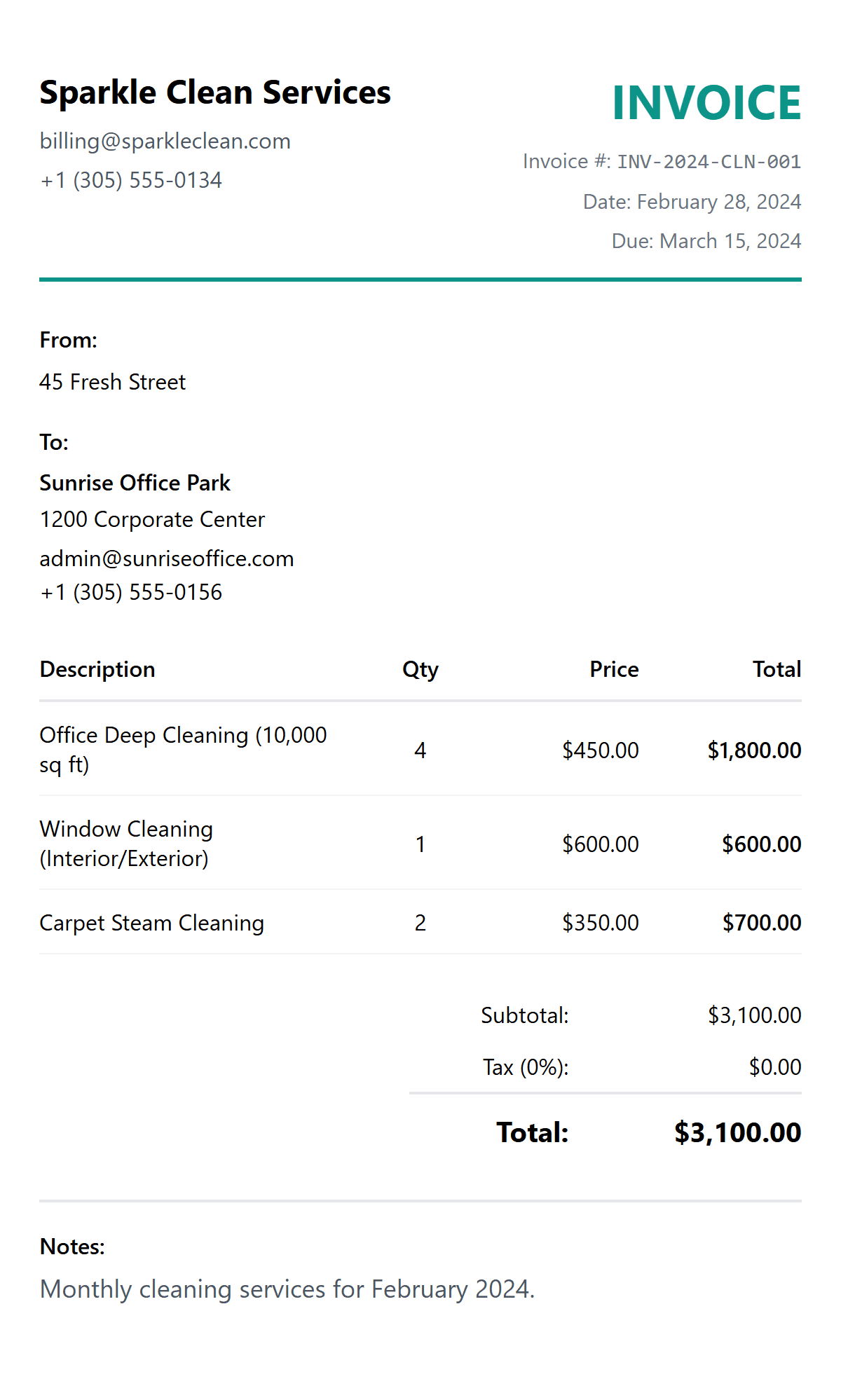 Free Cleaning Invoice Template preview