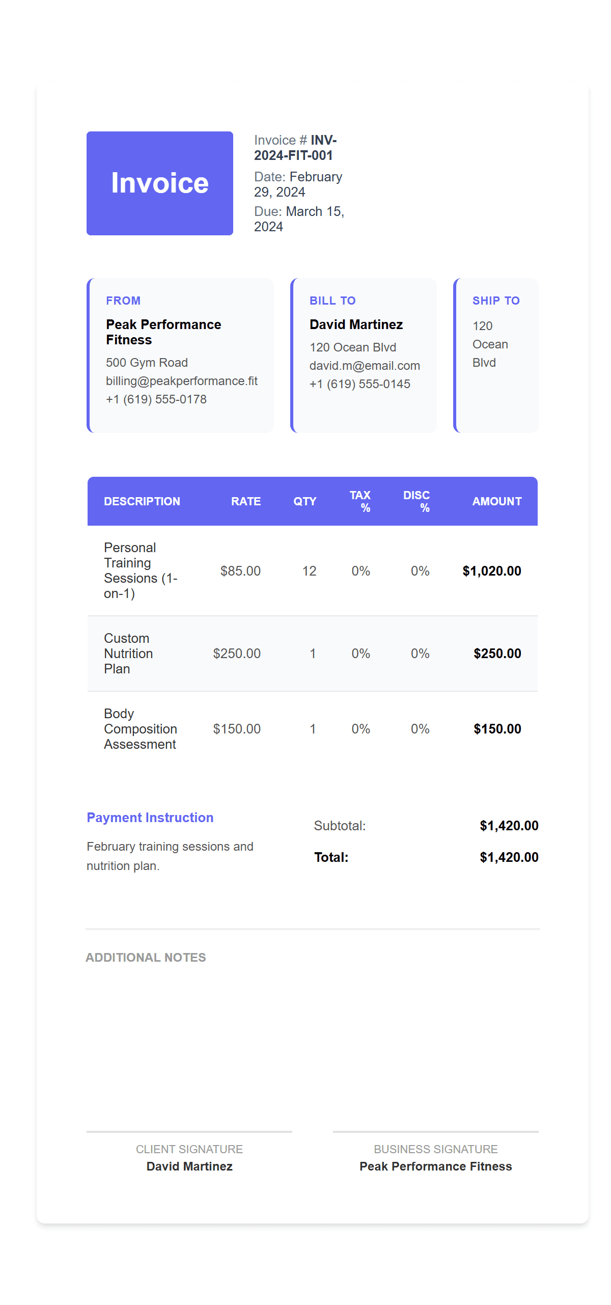 Free Personal Trainer Invoice Template preview