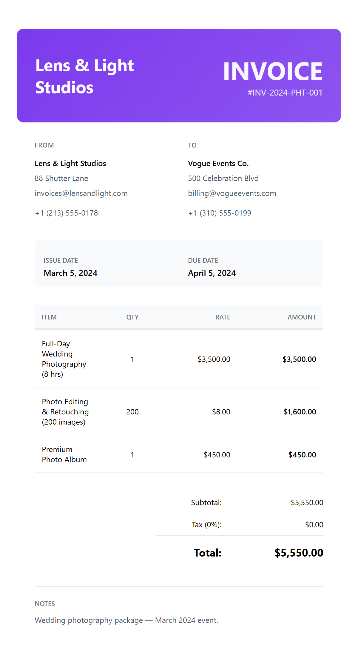 Free Photography Invoice Template preview